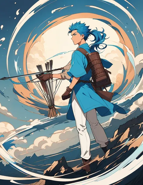 anime fantasy art style, an archer with blue hair and ponytail, wearing a blue tunic, white pants, leather gloves, quiver on his back, wielding a bow, fantasy design