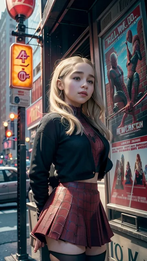 Emilia Clarke、マーベルコミックの映画Poster、so beautiful、Movies about Spider-Man、sexy、whole body、Wearing a skirt、Premiere Date、Poster、belly buttonを突き出す、new york、She&#39;s wearing a ripped Spiderman suit、The suit is torn、Wearing a skirt、Red and black color scheme、dynam...