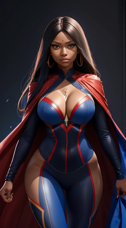 a beautiful girl with long flowing hair, meghan thee stallion, black american, dark skin, superwoman uniform, tight fitting body...