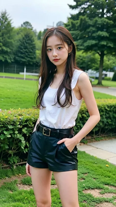 (8k、RAW Photos、Highest quality、masterpiece:1.2)、(Realistic、Realistic)、1 Girl、((suit、Black shorts、boots、garden、View from the front、Looking at the camera、belt、Hands on your hips))、cute