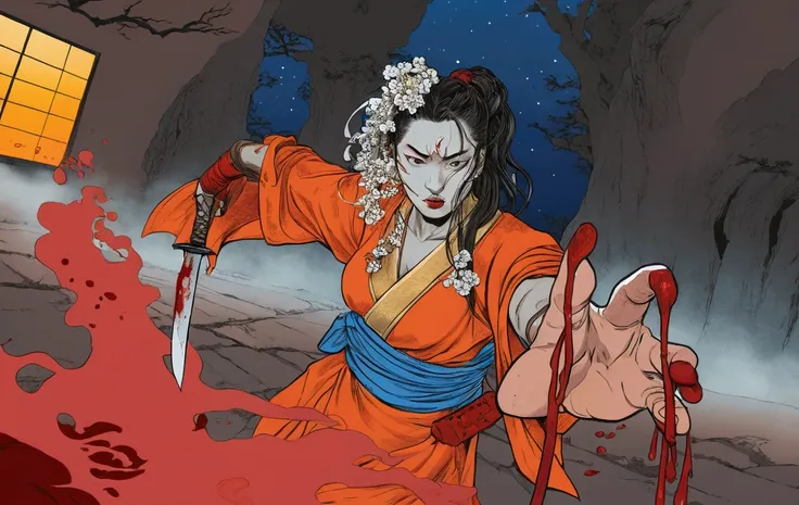 there is a woman with a knife in her hand and blood on the another hand, full color illustration, full color digital illustration, in the night as a d & d fighter, inspired by Yasuo Kuniyoshi, inspired by Tsukioka Yoshitoshi, colored screentone, inspired b...