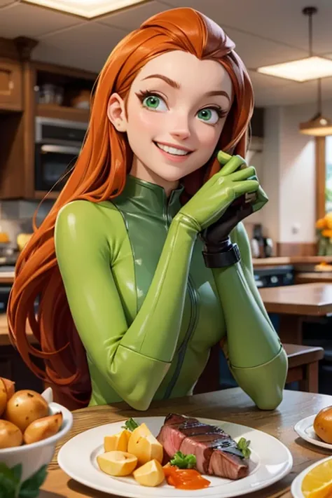 sam, totally spies, long orange hair, green eyes, green bodysuit, gloves, looking at viewer, smiling, happy, teeth, upper body s...