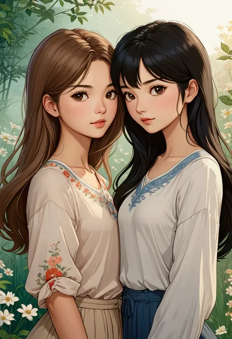 TWO beautiful Sarah Kay-style women, deeply in love. One with semi-short light brown hair, STRAIGHT, dressed casually, delicate British features, and the other with long black hair, STRAIGHT, with delicate Asian features, dressed casually, illustration, re...