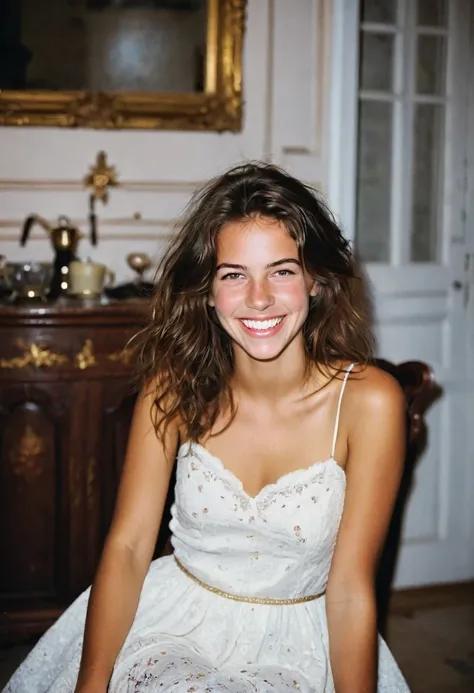 20-year-old French girl, assise en robe brunette, yeux de couleurs marrons foncé, grand sourire EN TRAIN DE RIRE LA MAIN DEVANT LA BOUCHE , Hair messy but not too messy, photos in a lit house 