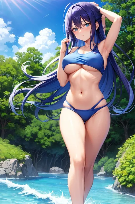 Rimuru Tempest, in its feminine form 1.90 meters with O cup breasts, golden eyes that reflect wisdom and shapely legs, She is wearing a blue swimsuit that highlights her imposing and elegant figure while she enjoys a day at the beach. She is hugging Izuku ...