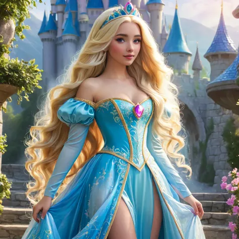 Blonde with long hair in a full length princess outfit 