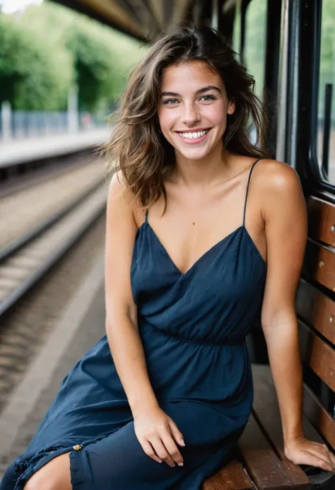 20-year-old French girl, assise en robe brunette, yeux de couleurs marrons foncé, grand sourire EN TRAIN DE SAMUSER LA MAIN DEVANT LA BOUCHE , Hair messy but not too messy, photos ON A BENCH