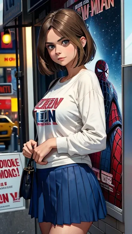 Jenna Louise Coleman、マーベルコミックの映画Poster、so beautiful、Movies about Spider-Man、sexy、whole body、Wearing a skirt、Premiere Date、Poster、belly buttonを突き出す、new york、She&#39;s wearing a ripped Spiderman suit、The suit is torn、Wearing a skirt、Red and black color schem...