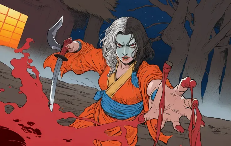 there is a woman with a knife in her hand and blood on the another hand, full color illustration, full color digital illustration, in the night as a d & d fighter, inspired by Yasuo Kuniyoshi, inspired by Tsukioka Yoshitoshi, colored screentone, realistic,...