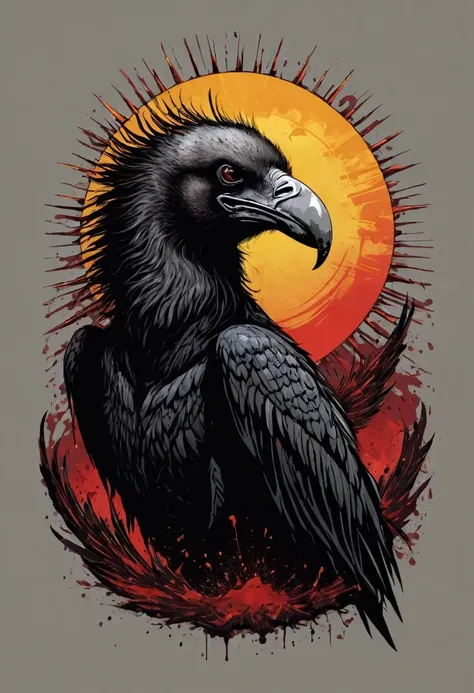 t-shirt design, Design a menacing black t-shirt with a full body vulture motif inspired by heavy metal music aesthetics. The artwork features a sleek, Black vulture coiled sinuously, its scales glistening in the dim light. The vultures mouth is wide open, ...