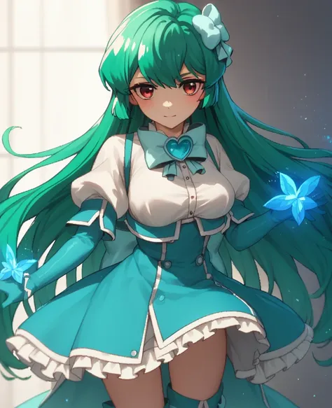 (((Pixel Perfect, Perfect detail))), To you "blue magic" Minakami (Water God Sayo) - Gushing over Magical Girls (Longing for a Magical Girl),Green hair,ribbon