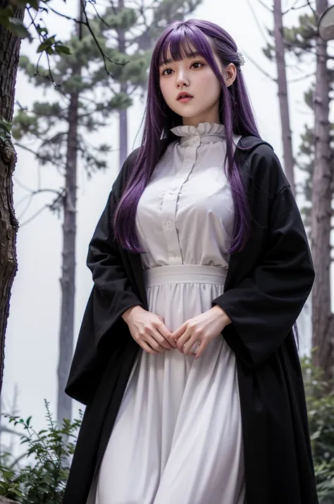 masterpiece, Highest quality, Absurd, Perfect Anatomy, One girl, alone, Fernfrielen, Very long hair, Purple eyes, (Purple Eyes), White Dress, Black Robe, Large Breasts, Outdoor, forest, Standing with hands on hips