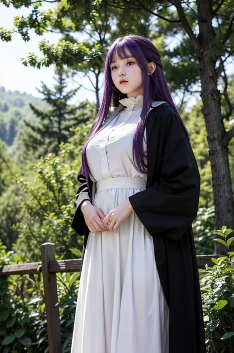 masterpiece, Highest quality, Absurd, Perfect Anatomy, One girl, alone, Fernfrielen, Very long hair, Purple eyes, (Purple Eyes), White Dress, Black Robe, Large Breasts, Outdoor, forest, Standing with hands on hips