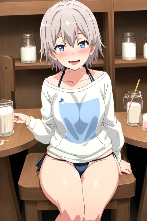 totsuka_almost_yahariorenoseishunlovecomewamachigatteiru grey_hair, short_hair, male_focus, blue_eyes, blush, smile, Micro bikini, thick thighs, saliva, drooling, blush, excited, large transparent jar with thick milk 