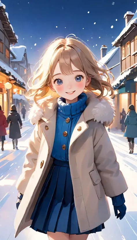 (Highest quality,4K,High resolution,Tabletop:1.2),Very detailed,Realistic,(Hmph,Hmph),girl,solo、一人のgirl、beige fluffy coat,beige wool gloves,Navy blue mini pleated skirt,snow,smile,eye contact,Portraiture,Vibrant colors,Winter Scenery,Soft lighting,繊細なsnowの...