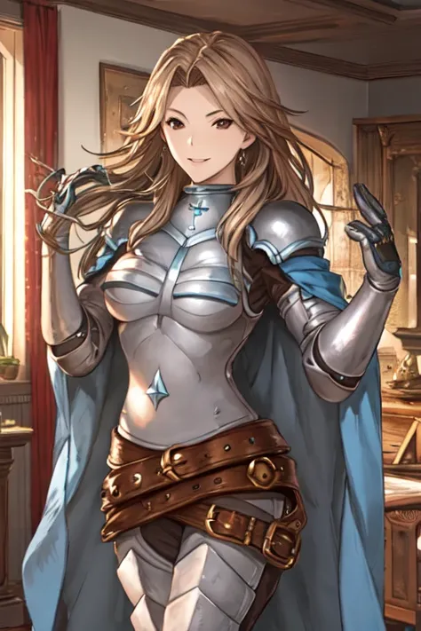 katalina (granblue fantasy), solo, 1girl, armor, gauntlets, belt, breastplate, gloves, shoulder armor, cape, pauldrons, pants, r...