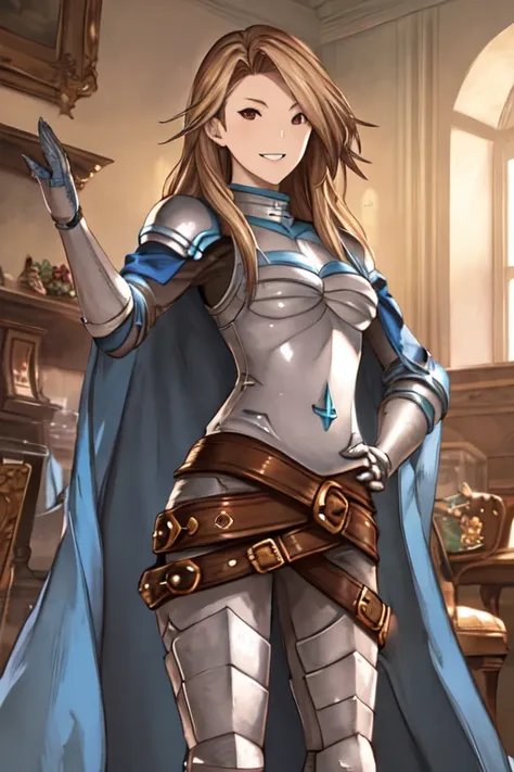 katalina (granblue fantasy), solo, 1girl, armor, gauntlets, belt, breastplate, gloves, shoulder armor, cape, pauldrons, pants, r...