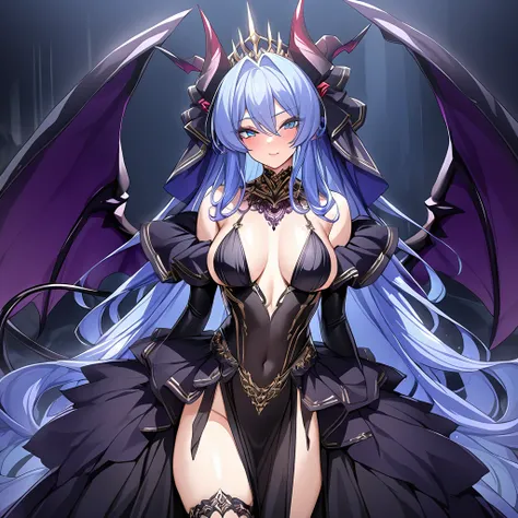 ((Highest quality)), ((masterpiece)), (detailed), （Perfect Face）、The woman was a beautiful, jet-black-skinned archdemon, the evil queen, Devil Extia. She had medium-long blue hair, was wearing a gorgeous black wedding dress with gold embroidery and trim, a...