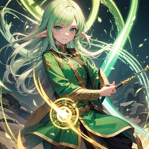 Elven Swordsman（Green semi-long、uniform）,Holding a magic sword、tropical（Tavern　Rainbow light swirling　magic circle）、smile、Hellgate、背景にmagic circle、Dragon