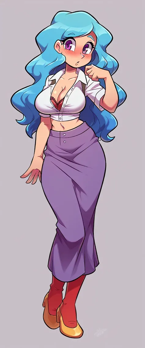 a teenage girl big breast cute beautiful beauty long light blue hair wavy soft her purple eye she wears a white button-down shir...