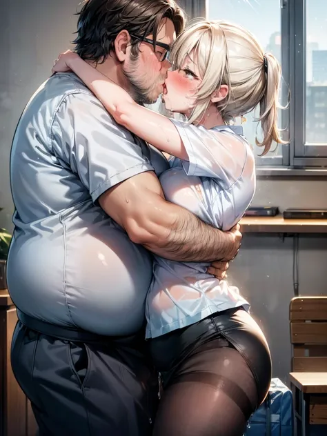 (one girl, fat middle-aged man:1.2), 破れたpantyhose, pantyhose, white shirt, pencil skirt, blush, (kiss), (hug), office, very deta...