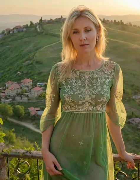 SexWife blonde milf Basked by a single golden ray of setting suns soft light to peer through the intricate embroidery of a delicate transparent green dress worn by Sera, a young woman standing gracefully on hilltop overlooking village 