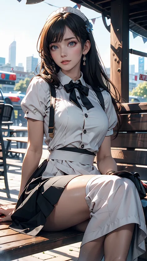 Anime girl in a maid outfit sitting on a bench with a city in the background, Best anime 4k konachan wallpaper, Fine details. Girls&#39; Frontline, Rorish, from Girls&#39; Frontline, From the Azur Lane video game, Nightcore, Azur Lane Style, Cute anime wai...