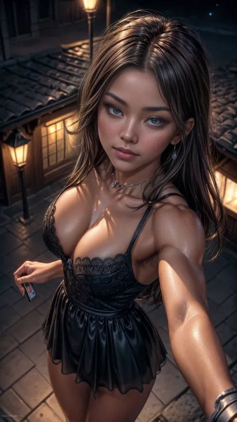 (selfie shot, from above:1.5), RAW uhd portrait photo of a 16-year-old brunette full body posed in lingerie walking down a dark alleyway, (muscular female:1.5), natural breast, (flexing bicep pose), nighttime city background, (red sundress), (cleavage), de...