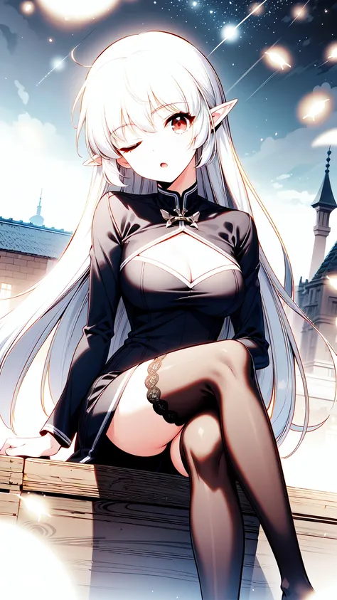 best quality, (masterpiece:1.2), detailed, alice, ;o, one eyes closed, grey hair, long hair, red eyes, pointy ears, large breast...