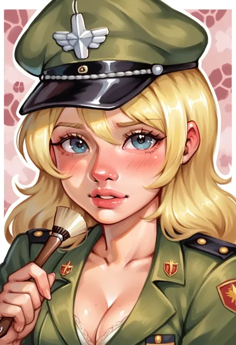 smudgy, traditional art, liu2, brush texture, score_9, score_8_up, score_7_up, score_6_up, score_5_up, score_4_up, BREAK 1girl, solo, portrait, cute girl blushing, pretty, fair, blonde hair, wearing military suit, cleavage, looking at viewer, detailed back...