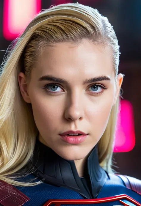 (((Extreme close-up of a beautiful woman (((Cyber Punk with part of his head shaved))) Gaia Weiss under the mantle of the Kryptonian Kara Zor-The alias Supergirl(((With part of his head completely shaved))),(((long blonde hair))),(((Front Images))),(((Spla...