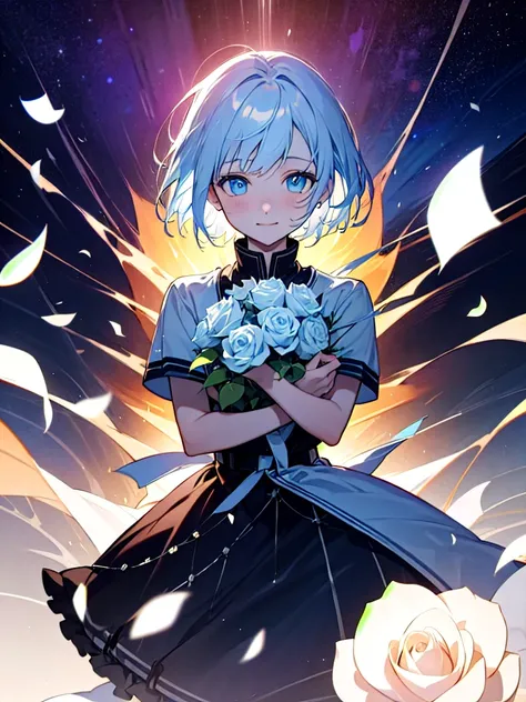 Ultra Quality art,Ultra high res,Anime art,Perfect Art,Under a stunning wide sea of starry night sky A detective with shining blue eyes short white hair carry a white rose with a smile and surrounded by beautiful flower flied and have a aura like a princes...