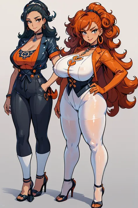 (masterpiece, best quality, high resolution, (pokemon style) ((huge breasts)) 1 mature woman, very orange curly hair, long white...