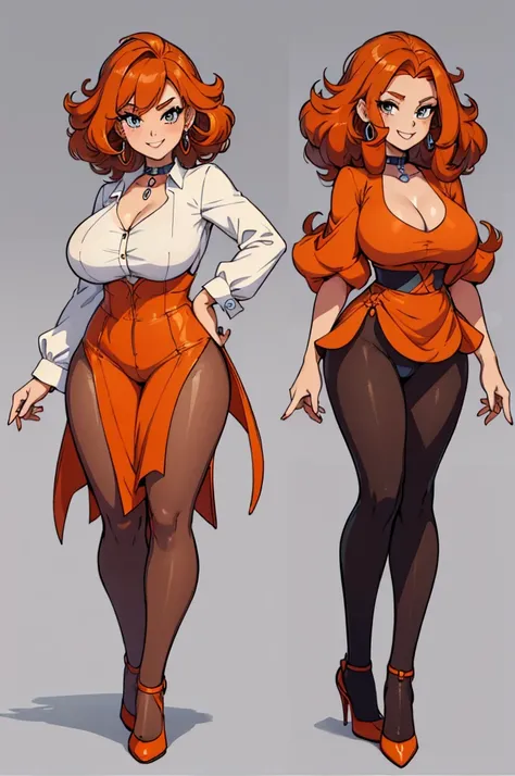 (masterpiece, best quality, high resolution, (pokemon style) ((huge breasts)) 1 mature woman, very orange curly hair, long white blouse, missing, heels, pantyhose, earrings, choker, smile, ((white background, )), ((full body standing)),
