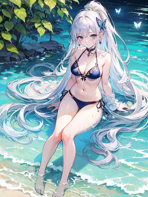 High resolution, masterpiece, accurate, Highest quality, Winner of numerous awards, High-resolution model, 
Silver Hair, Wet Hair, Super long hair, ponytail, 
slender、
Seaside, 
Butterfly Hair Ornament, Crystal Earrings, 
Swimwear, Simple bikini,
Character...