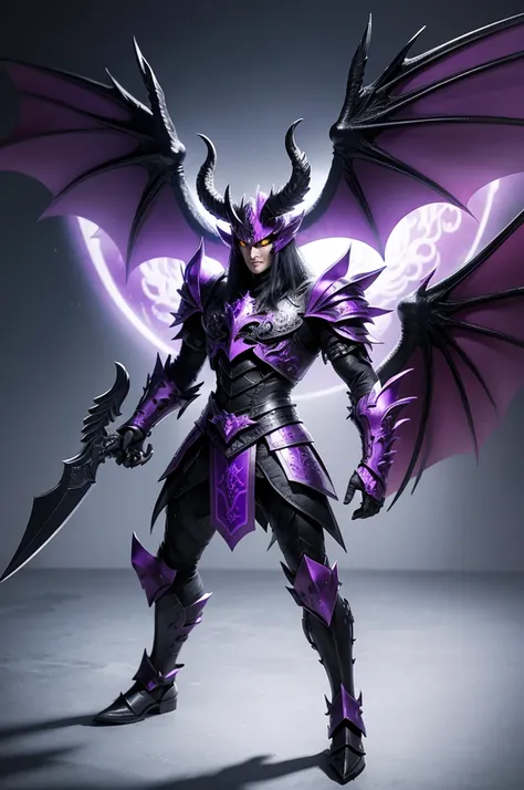 Benevolent monster with black dragon wings with purple scythe and armor dragon head and tail of the legendary phoenix