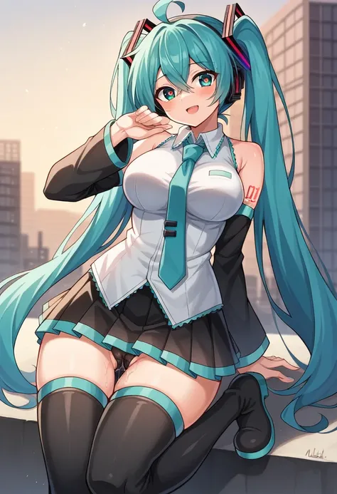 hatsunemiku, miku hatsune, ahoge, aqua eyes, aqua hair, crossed bangs, hair between eyes, hair ornament, headphones, long hair, twintails, BREAK aqua necktie, black footwear, black skirt, black sleeves, boots, collared shirt, detached sleeves, grey shirt, ...