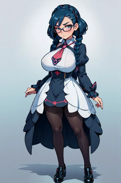 (masterpiece, best quality, high resolution, (pokemon style) ((huge breasts)) 1 girl, dark blue hair in 2 braids, glasses, long-sleeved dress with high collar, black pantyhose, blush, black shoes,(( white background,)) , ((full body standing)),
