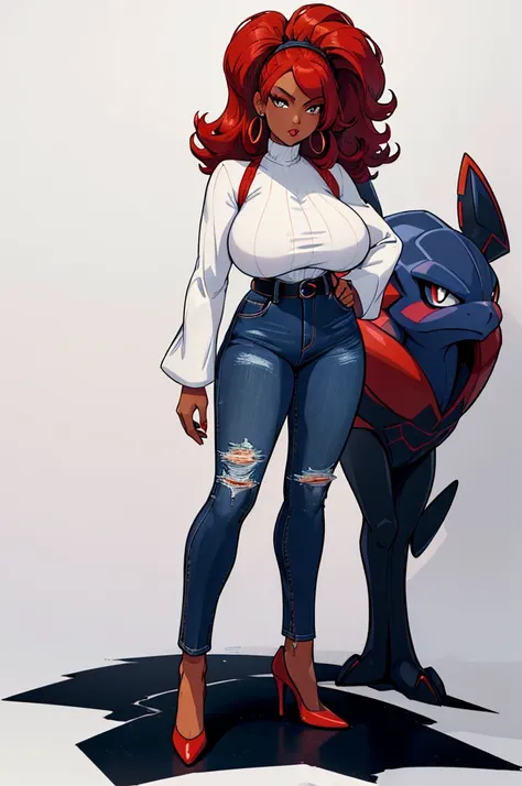 (masterpiece, best quality, high resolution, (pokemon style) ((huge breasts)) 1 mature woman, red lips, very tousled red hair, long-sleeved turtleneck, jeans, heels, choker, earrings, (dark skin), ((white background,)) , ((full body standing)),
