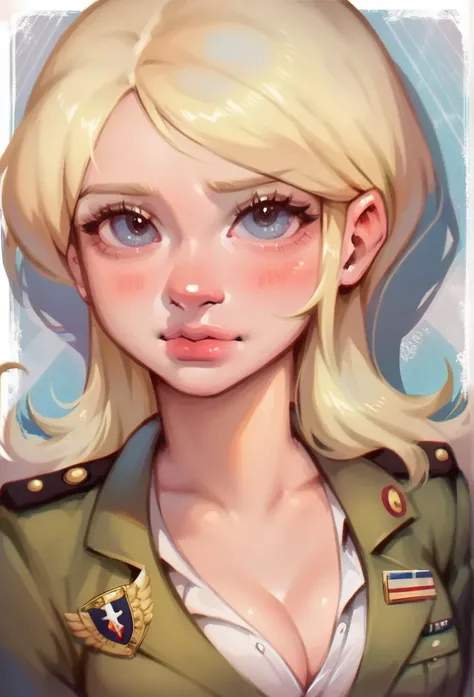 1girl, solo, portrait, cute girl blushing, pretty, fair, blonde hair, wearing military suit, cleavage, looking at viewer, detail...