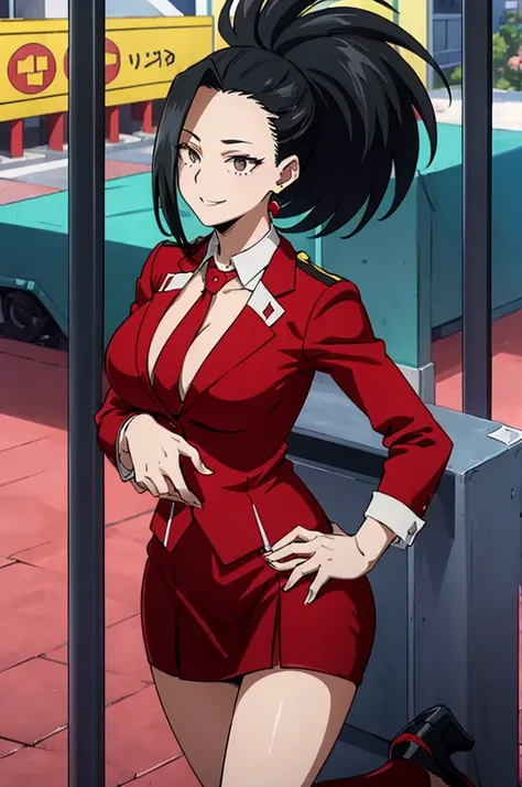 (((masterpiece))), YaoyoruzuMomo, 1girl, solo, onyx eyes, smile, large breasts, black hair, collarbone, ponytail, long sleeves, red skirt suit, red blazer, red necktie, red pencil skirt, (businesswoman), hair pulled back, high heels