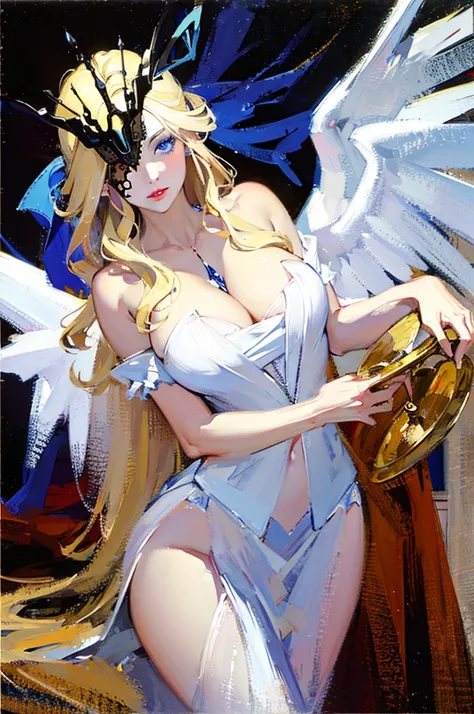 Signora oil painting picture. blonde with blue eyes, mask that covers only one eye. White dress and angel wings on her back. IT MUST BE RENAISSANCE STYLE, like a work of art.