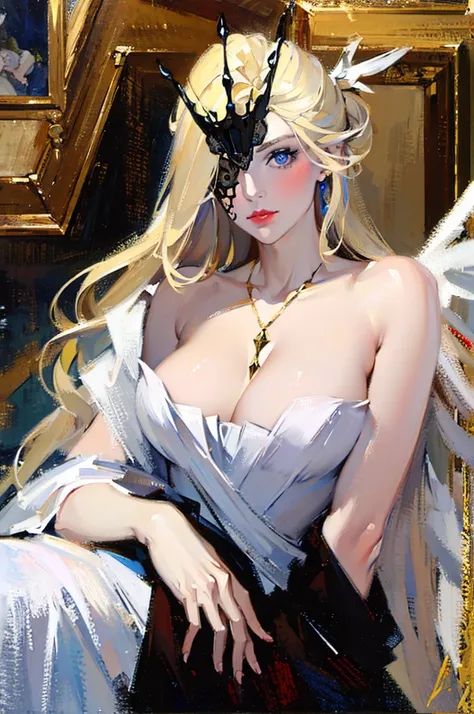 Signora oil painting picture. blonde with blue eyes, mask that covers only one eye. White dress and angel wings on her back. IT MUST BE RENAISSANCE STYLE, like a work of art.