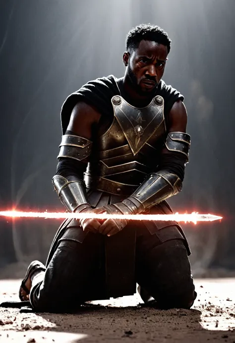 side angle view a black african man on one knee head facing the ground, sword in it's sheath, explosive white light and particle...