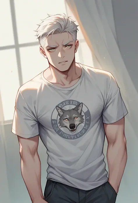 gray wolf platinum blond in a T-shirt