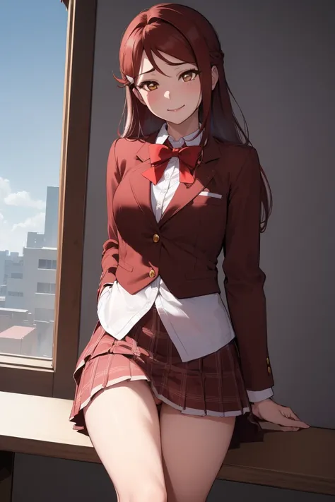 Rikosakurauchi, Riko Sakurauchi, (Brown eyes:1.5), hair between the eyes, by the wide, (Red hair:1.5), (Little mom:1.2), 
BREAK glasses, high advanced breeding , jacket de sport, red jacket de sport, bow, bowtie, collar shirt, jacket, long sleeves, pleated...