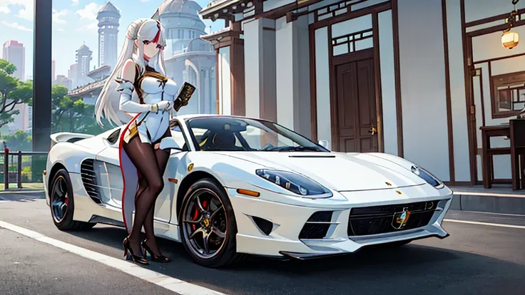 1girl, solo, full body, ningguang from genshin impact stands next to her white vintage ferrari testarossa, plain white backgroun...