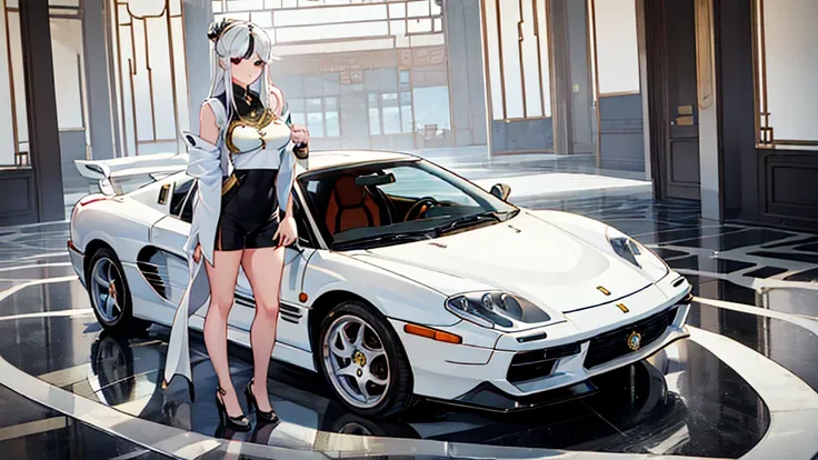 1girl, solo, full body, ningguang from genshin impact stands next to her white vintage ferrari testarossa, plain white backgroun...