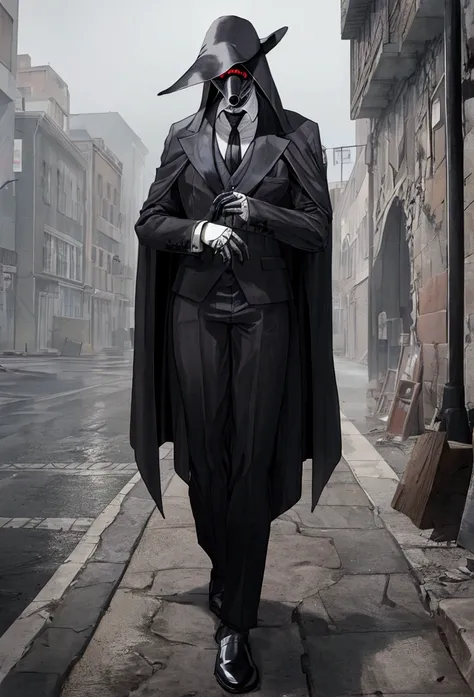 A man dressed as a bubonic plague doctor touring a desolate city with bodies everywhere 