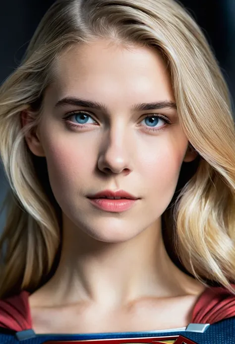 (((Extreme close-up of a beautiful woman with part of her head shaved))) Gaia Weiss under the mantle of the Kryptonian Kara Zor-The alias Supergirl(((With part of his head completely shaved))), long blonde hair))))(((Front Images))),(((Splash color images)...